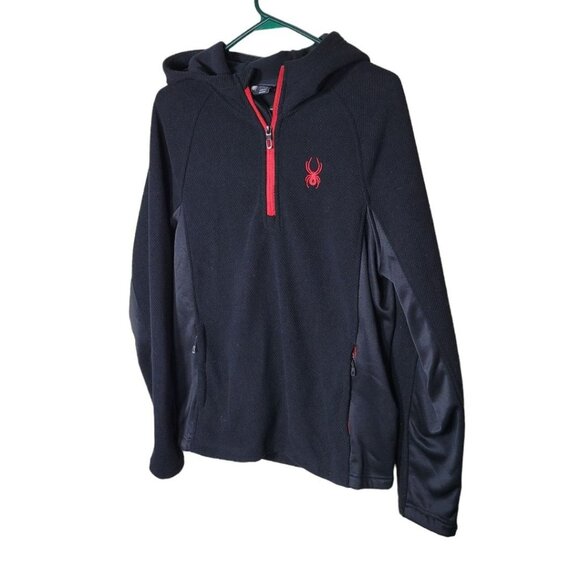 Spyder Quarter Zip Pullover Black Red Mens Lightweight Medium Long Sleeve Hood - Picture 1 of 11